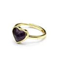 Close-up of a gold-plated open ring featuring a faceted purple heart-shaped stone detail. - Amethyst
