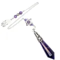Detailed view of the amethyst crystal pendulum pendant with intricate silver metalwork - Amethyst