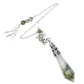Macro view of a labradorite crystal dowsing pendulum with a hexagram and dreamcatcher charm - Labradorite