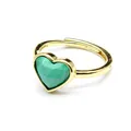 Close-up of a gold adjustable ring featuring a faceted heart-shaped green amazonite stone - Turquoise