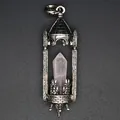 Close-up of medieval castle style pendant with natural crystal hexagonal prism. - Rose Quartz / Antique Silver