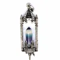 Detailed view of a vintage medieval castle pendant with a natural hexagonal crystal pillar - Colorful Fluorite / Antique Silver