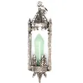 Close-up detail of vintage medieval castle pendant with light green hexagonal crystal stone. - Aventurine Jade / Antique Silver