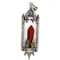 Detail view of retro medieval castle pendant with a natural red stone crystal column. - Red Agate / Antique Silver
