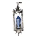 Macro view of a vintage gothic castle pendant featuring a blue lapis lazuli crystal pillar. - Lapis Lazuli / Antique Silver