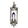 Detailed shot of a vintage medieval castle pendant with a purple crystal pillar - Amethyst / Antique Silver