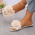Elegant cream flat slides featuring a large 3D fabric flower decoration and modern square toe - 35 / Off White