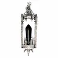 Detailed macro view of a gothic antique silver castle pendant with a sleek black crystal point - Obsidian / Antique Silver