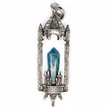 Detail view of a gothic castle pendant with a blue hexagonal crystal pillar stone. - Apatite / Antique Silver