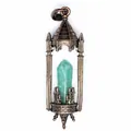 Detail of retro medieval castle pendant with natural hexagonal amazonite crystal point - Amazonite / Antique Red Copper