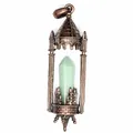 Close-up of vintage medieval castle cage pendant with green hexagonal crystal point - Aventurine Jade / Antique Red Copper