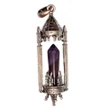 Detail showing the intricate medieval castle cage holding a purple amethyst hexagonal crystal. - Amethyst / Antique Red Copper