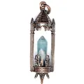Detailed view of a medieval gothic castle pendant featuring a blue crystal hexagonal pillar. - Colorful Fluorite / Antique Red Copper