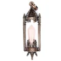 Detailed view of a vintage copper castle pendant with a pink crystal hexagonal point. - Rose Quartz / Antique Red Copper