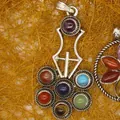 Close-up of a multicolor crystal gemstone sword pendant with intricate silver detailing - Sword Pendulum Style (21)