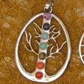 Detailed close-up of a silver tree of life pendant featuring seven colorful chakra gemstones - Tree of Life Pendant Only (Without Chain) (26)
