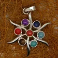 Close-up detail of a silver-toned seven chakra healing crystal gemstone pendant necklace - Heptagram Sun Pendant Only (Without Chain) (30)