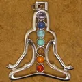 Silver 7 chakra yoga meditation silhouette pendant necklace with colorful stones - Yoga Meditation (7 Chakra)