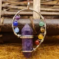 Hexagonal amethyst pillar pendant with colorful chakra beads in silver wire wrap. - Purple Amethyst Pendant