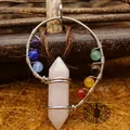 Handmade healing rose quartz hex pillar pendant with 7 chakra beads in silver wire wrap - Rose Quartz Pendant