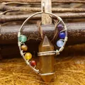 Hexagonal tiger eye crystal column pendant with seven chakra gemstone beads in silver wire - Tiger's Eye Pendant