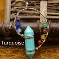 Ciondolo pilier esagonale in turchese con sette perle chakra in design a filo avvolto - Ciondolo Turchese