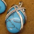Exquisite natural turquoise stone pendant with silver-tone crisscross design and crystal accents - Turquoise Water Drop Pendant