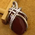 Natural red stone crystal pendant necklace with silver cage design and sparkling rhinestones - Red Agate Pendant