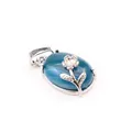Elegant oval blue agate gemstone pendant with silver flower decorative inlay detail - Blue Agate Pendant (Rose Flower Style)