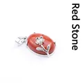 Natural red stone oval pendant with silver flower embellishment for necklaces - Red Stone (Rose Style)
