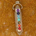 Natural hexagonal white crystal pillar pendant necklace with seven colorful chakra stones - White Crystal