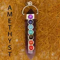 Natural hexagonal amethyst pillar pendant necklace featuring seven colorful chakra stones - Amethyst