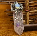 Rosenquarz-Prisma-Anhänger mit Vintage-Silber-Dekor und Amethyst-Detail - Anhänger Ohne Kette - Rosenquarz