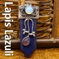 Ciondolo vintage in lapislazzuli esagonale con decorazioni floreali in argento - Ciondolo Solo (Senza Catena) - Lapislazzuli