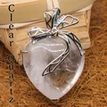 Heart-shaped natural white crystal pendant necklace with a silver-colored bowknot - Clear Crystal Pendant