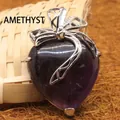 Exquisite heart-shaped purple amethyst pendant with elegant silver bow decoration SKU. - Purple Amethyst Pendant