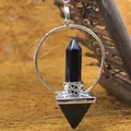 Black onyx hexagonal column and pyramid pendulum pendant with silver circular ring - Black Onyx Pendulum With Chakra Chain / Black