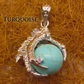 Detailed silver-plated dragon claw pendant holding a natural turquoise bead ornament - Dragon Claw Grip (aljylp0065) / Turquoise Pendant