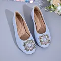 Elegant light blue flats with a large floral rhinestone buckle for wedding parties - 36 / Light Blue