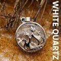 Clear white crystal round pendant featuring two silver cats on a rustic twig nest background - Double Cat Shape / White Crystal