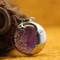 Purple amethyst moon and star pendant necklace with polished silver-tone finish details - Star and Moon Charm / 26x23mm / Amethyst