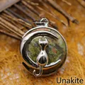 Pendentif chat et lune argenté avec incrustation de pierre naturelle d'unakite - Unakite (Pendentif Seul)