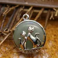 Elegant round green aventurine stone necklace pendant with two silver cats design - Double Cat Shape / Aventurine Jade