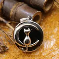 Pendentif chat sur croissant de lune en argent avec détail de pierre onyx noire - Agate Noire (Pendentif Seul)
