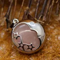 Rose quartz moon and star pendant necklace with polished silver metal frame and star cutouts - Star and Moon Charm / 26x23mm / Rose Quartz
