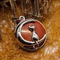 Collier avec pendentif en jaspe rouge avec motif lune et chat en argent pour femme - Jaspe Rouge (Pendentif Seul)