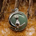 Pendentif exquis en aventurine verte avec croissant de lune argenté et chat - Aventurine (Pendentif Seul)