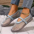 Vue détaillée de ballerines bleues en maille ajourée style Mary Jane sur modèle - Bleu