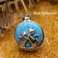Colgante redondo de piedra turquesa azul con diseño de dos gatos plateados para collar - Forma de Gato Doble / Turquesa Azul