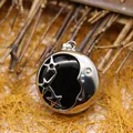 Elegant crescent moon pendant necklace with black agate stone and hollow star patterns - Star and Moon Charm / 26x23mm / Black Agate